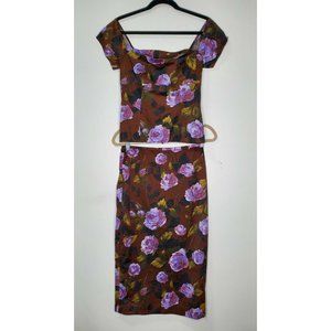 Karen Millen 14/12 2 Piece Skirt Set Purple Floral Baby Doll Top Pencil Skirt